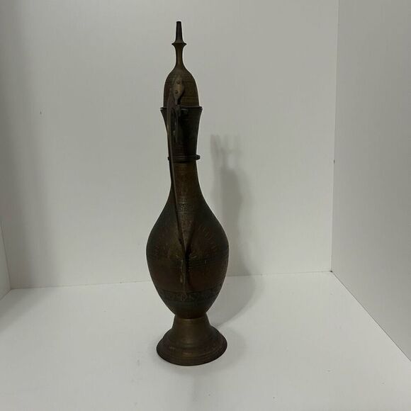 Vintage Brass Coffee Teapot Pitcher 9"x 15" Brown Ornate Etched Gooseneck - Picture 3 of 8